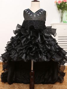 High Low Black Kids Formal Wear Organza Sleeveless Beading and Ruffles and Bowknot