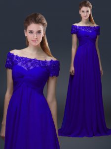 Classical Empire Mother Of The Bride Dress Blue Off The Shoulder Chiffon Short Sleeves Knee Length Lace Up