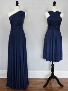 Navy Blue Chiffon Lace Up Halter Top Sleeveless Floor Length Dama Dress Ruching