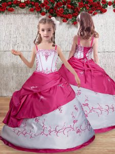 Hot Pink Little Girl Pageant Gowns Party and Quinceanera with Embroidery Straps Sleeveless Lace Up