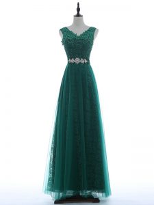 Sleeveless Floor Length Beading and Appliques Zipper Prom Party Dress with Green