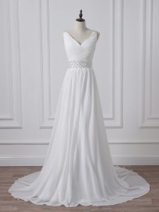 Delicate Sleeveless Beading and Ruching Backless Wedding Gown with White Brush Train