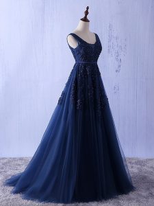 Sleeveless Floor Length Appliques Lace Up Prom Gown with Navy Blue