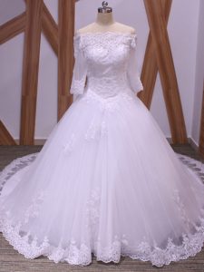 Dramatic White Tulle Backless Wedding Dress Half Sleeves Brush Train Lace