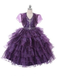 Purple Halter Top Lace Up Ruffled Layers Little Girls Pageant Dress Sleeveless