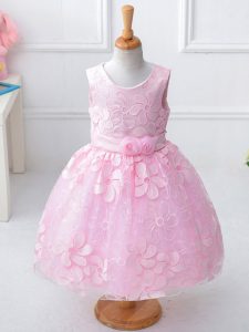 Elegant Baby Pink Zipper Flower Girl Dress Appliques and Hand Made Flower Sleeveless Knee Length