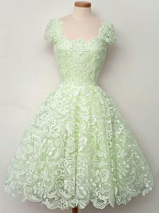Lovely Yellow Green Cap Sleeves Lace Knee Length Bridesmaids Dress