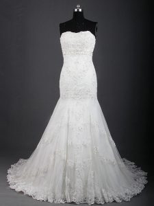Beauteous Brush Train Mermaid Bridal Gown White Sweetheart Tulle Sleeveless Lace Up