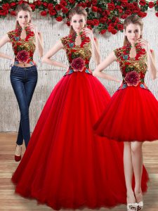 Red Ball Gowns Appliques Quinceanera Dress Lace Up Organza Sleeveless Floor Length