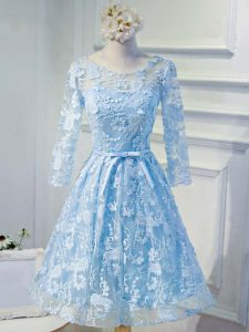 Baby Blue Organza Lace Up Scoop Long Sleeves Knee Length Prom Gown Appliques and Belt