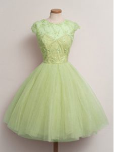 Customized Yellow Green Ball Gowns Tulle Scoop Cap Sleeves Lace Knee Length Lace Up Bridesmaid Dress