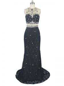 Discount Black Zipper High-neck Beading and Lace Dress for Prom Lace Sleeveless Brush Train