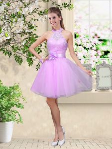 Stunning Lavender Tulle Lace Up Quinceanera Court of Honor Dress Sleeveless Knee Length Lace and Belt