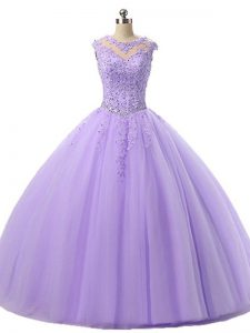 Beauteous Lavender Ball Gowns Scoop Sleeveless Tulle Floor Length Lace Up Beading and Lace Sweet 16 Quinceanera Dress