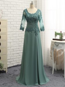 Lovely Green Zipper Scalloped Lace and Appliques and Ruching Mother Of The Bride Dress Chiffon Long Sleeves