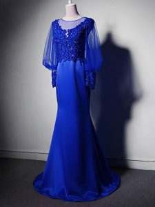 Adorable Beading and Lace and Appliques Mother Of The Bride Dress Royal Blue Clasp Handle Long Sleeves Brush Train