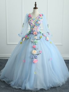 Trendy Light Blue Long Sleeves Tulle Lace Up Sweet 16 Dress for Military Ball and Sweet 16 and Quinceanera