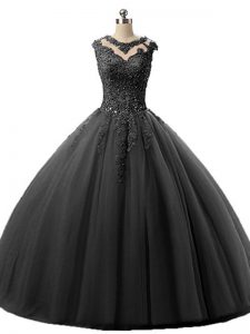 Black Tulle Lace Up Scoop Sleeveless Floor Length Quinceanera Dresses Beading and Lace