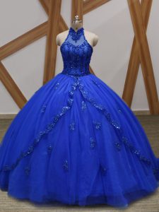 Sleeveless Brush Train Appliques Lace Up Quinceanera Gowns