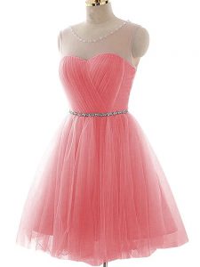 Scoop Sleeveless Dress for Prom Mini Length Ruching Watermelon Red Tulle