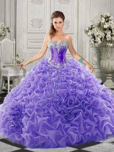 Best Selling Lavender 15 Quinceanera Dress Organza Court Train Sleeveless Beading and Ruffles