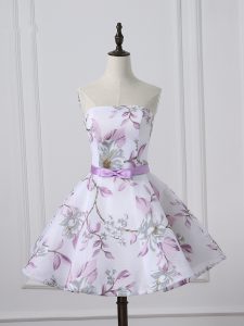 Scoop Sleeveless Dress for Prom Mini Length Belt White Printed
