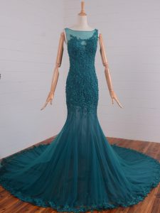 Scoop Sleeveless Evening Dress Court Train Beading and Lace and Appliques Teal Tulle