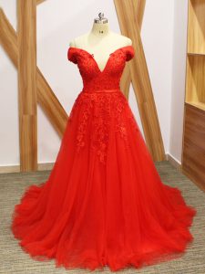 Glittering Coral Red Womens Evening Dresses Off The Shoulder Sleeveless Brush Train Lace Up