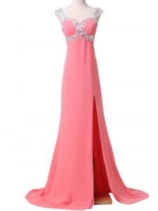 Dramatic Watermelon Red Cap Sleeves Beading and Appliques Zipper Prom Dress