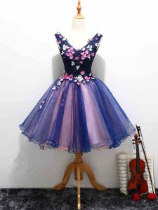 Organza V-neck Sleeveless Lace Up Lace and Appliques and Hand Made Flower Homecoming Dress in Multi-color