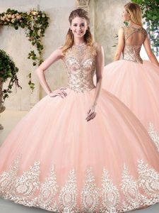 Beautiful Scoop Sleeveless Sweet 16 Dress Floor Length Beading and Appliques Peach Tulle