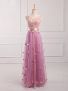 Best Lilac Empire Lace and Appliques Damas Dress Lace Up Tulle Sleeveless Floor Length
