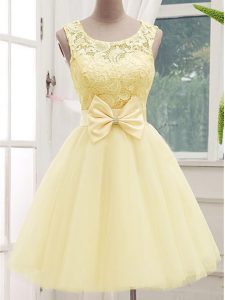 Clearance Knee Length Lace Up Bridesmaid Dresses Light Yellow for Prom and Party and Wedding Party with Lace and Bowknot