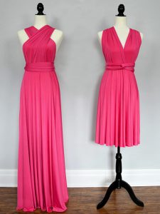 Captivating Hot Pink Empire Ruching Vestidos de Damas Lace Up Chiffon Sleeveless Floor Length