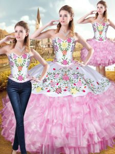 Cheap Embroidery and Ruffled Layers Sweet 16 Quinceanera Dress Rose Pink Lace Up Sleeveless Floor Length