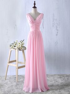 Decent Floor Length Zipper Dama Dress for Quinceanera Baby Pink for Prom and Party and Wedding Party with Ruching