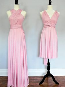 Pretty Baby Pink Lace Up Bridesmaids Dress Ruching Sleeveless Floor Length