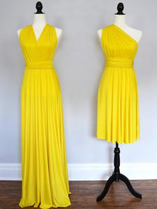 Charming Sleeveless Chiffon Floor Length Lace Up Wedding Guest Dresses in Yellow with Ruching