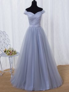 Cheap Lavender A-line Tulle Off The Shoulder Sleeveless Ruching and Belt Floor Length Lace Up Prom Evening Gown