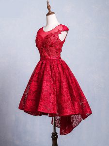 Red A-line Lace and Appliques and Belt Prom Dress Lace Up Lace Short Sleeves High Low