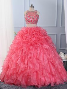 Customized Hot Pink Lace Up Scoop Beading and Ruffles Quince Ball Gowns Organza Sleeveless