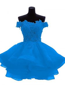Fantastic Off The Shoulder Sleeveless Prom Dresses Mini Length Lace and Appliques and Ruffles Blue Organza
