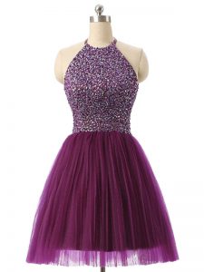 Comfortable Dark Purple Homecoming Dress Prom and Party and Sweet 16 and Beach with Beading and Sequins Halter Top Sleev