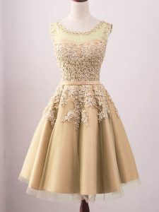 Simple Gold Sleeveless Knee Length Lace Lace Up Wedding Party Dress