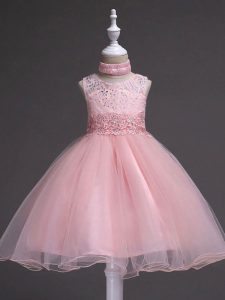 Dazzling Scoop Sleeveless Little Girls Pageant Dress Knee Length Beading and Appliques Baby Pink Tulle