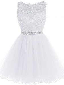 White Zipper Scoop Beading and Lace and Appliques Prom Evening Gown Tulle Sleeveless