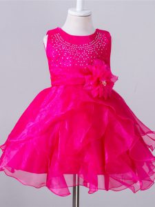 Hot Pink Zipper Flower Girl Dresses for Less Beading and Hand Made Flower Sleeveless Knee Length