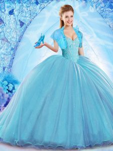 Free and Easy Baby Blue Sleeveless Organza Sweep Train Lace Up Sweet 16 Dresses for Military Ball and Sweet 16 and Quinc