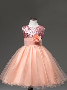 Peach Girls Pageant Dresses Wedding Party with Sequins and Hand Made Flower Scoop Sleeveless Zipper