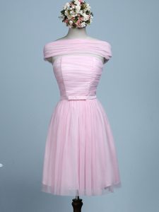 Customized Mini Length Baby Pink Wedding Guest Dresses Strapless Sleeveless Side Zipper